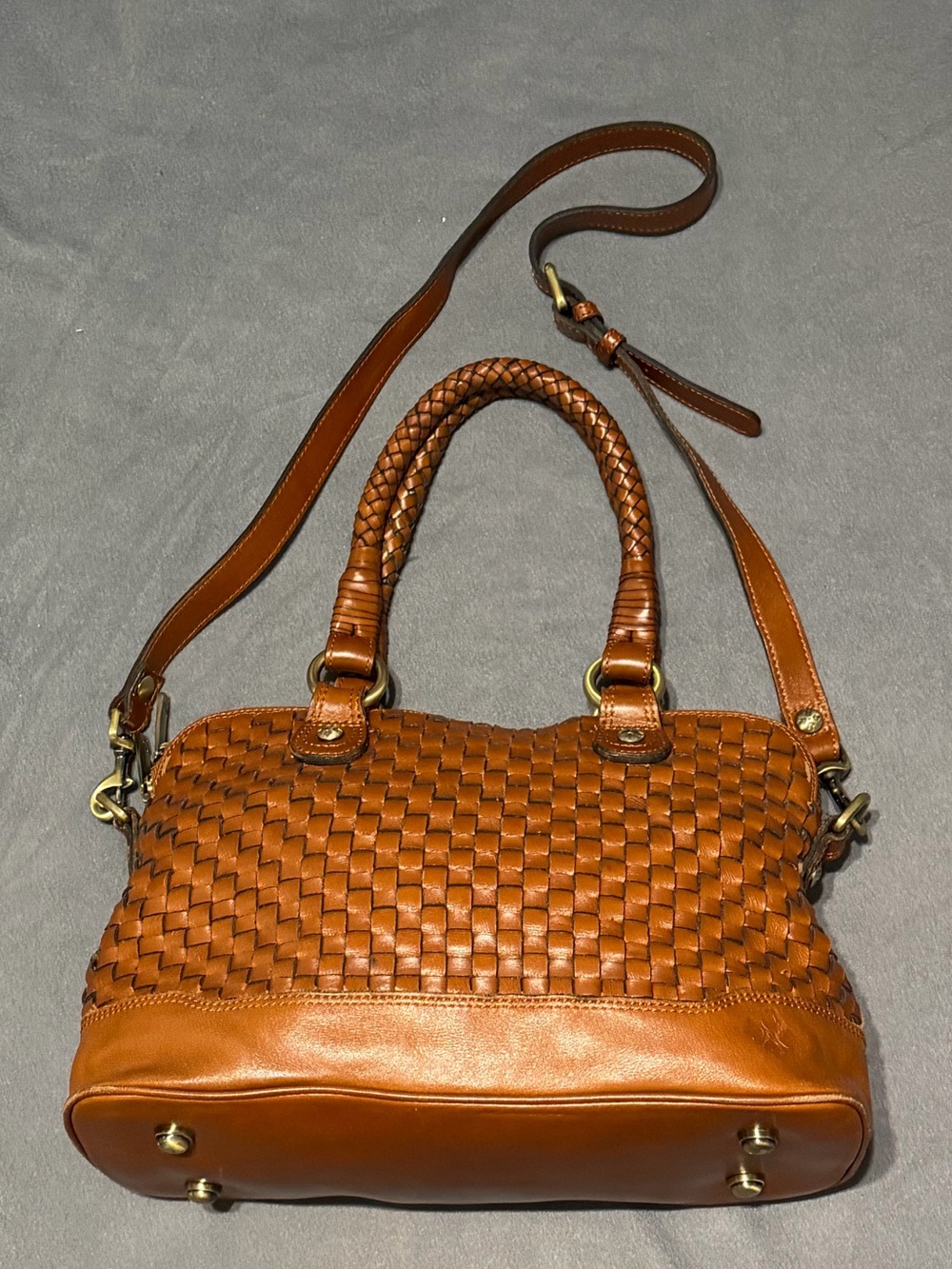 Patricia Nash Discovery Washed Woven Augusta Satchel Brown Leather Cognac Purse